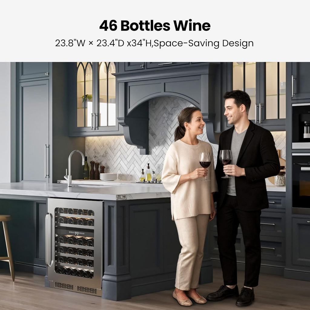 Wine Refrigerator Cooler Dual Zone Advanced Compressor Cooling Wine Fridge Under Counter with Glass Door 3 LED Built-in 46 Bottles Freestanding Seamless Frame for Home Bar Kitchen 5.65 cu.ft