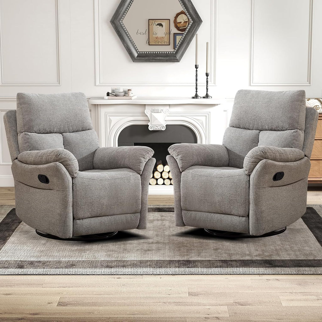 CANMOV Rocker Recliner, Manual Swivel Recliner with Overstuffed Cushion, Nursing Chairs for Living Room, Swivel Glider Recliners with Soft Backrest, Grey