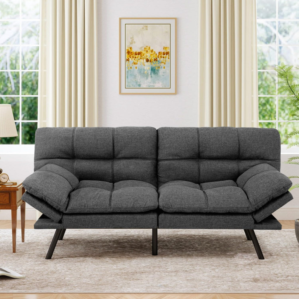 MUUEGM 71' Futon Sofa Bed, Cozy Convertible Loveseat Sleeper, Linen Fabric Couch with Adjustable Back & Arms for Living Room, Guest Room - Charcoal