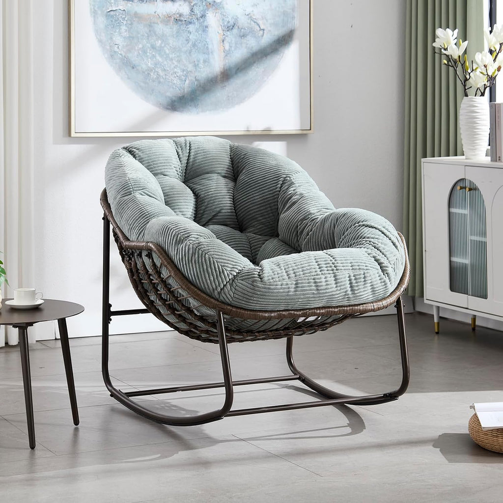 Deolme Large Papasan Rocking Chair with Cushion, Oversized Comfy Reading Chair Lounging Indoor Outdoor Rocker for Front Porch Backyard Bedroom Living Room Egg Chair Rattan (Green Teddy Padded)