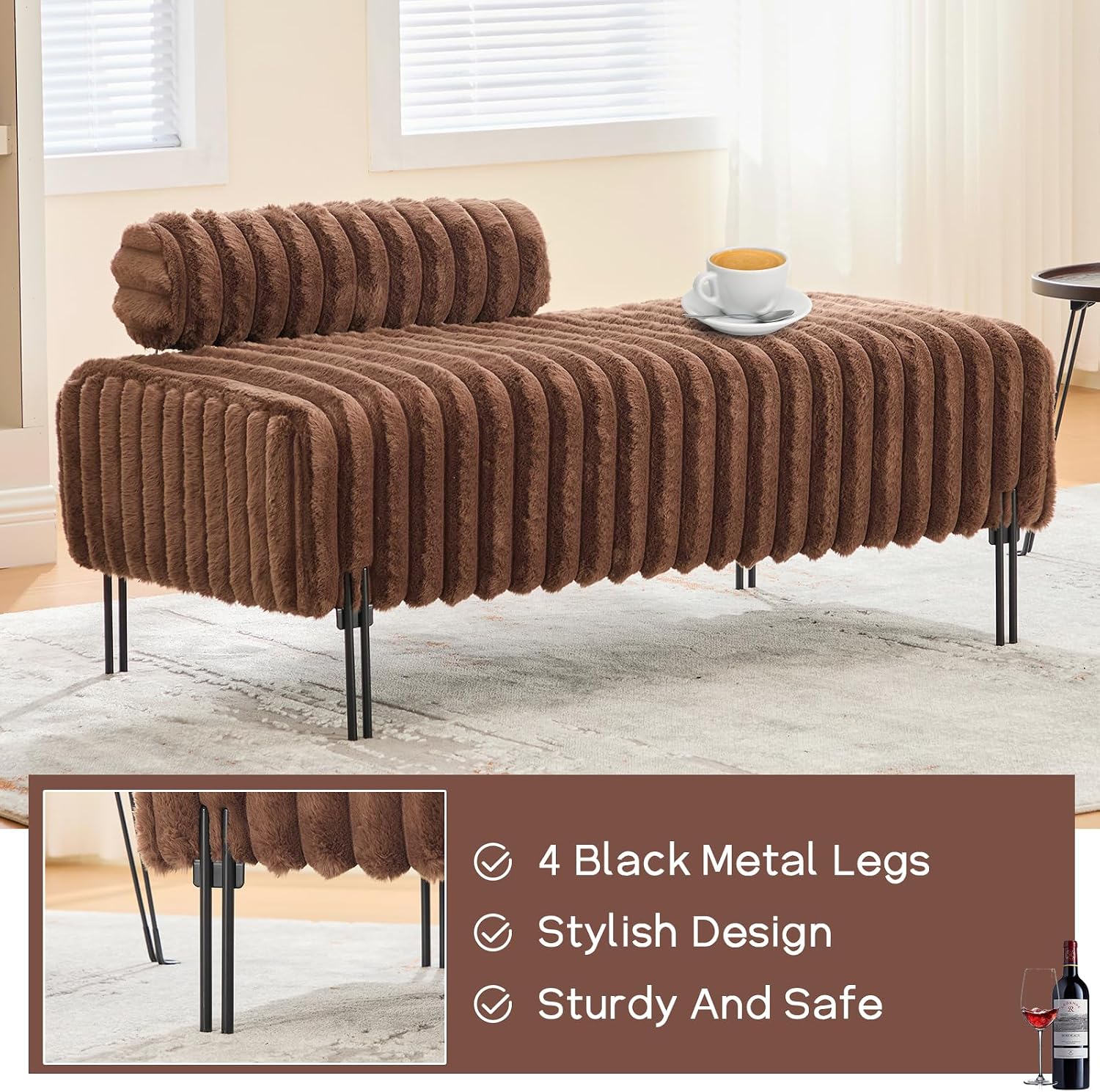 NIOIIKIT 49.6' Modern Loveseat Sofa Couch, Upholstered Accent Sofa with Golden Legs and Adjustable Backrest, Small Faux Fur Couches for Bedroom, Living Room, Compact Small Space (Brown)