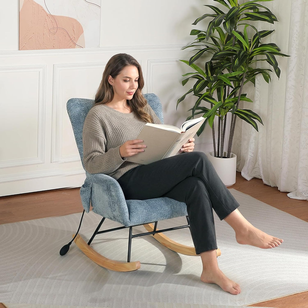 Rocking Chair Nursery with Airbag, Comfy Modern Nursery Rocking Reading Chair Indoor, Cozy Upholstered Glider Rocker Chairs for Living Room Bedroom Offices, (Chenille, Blue)
