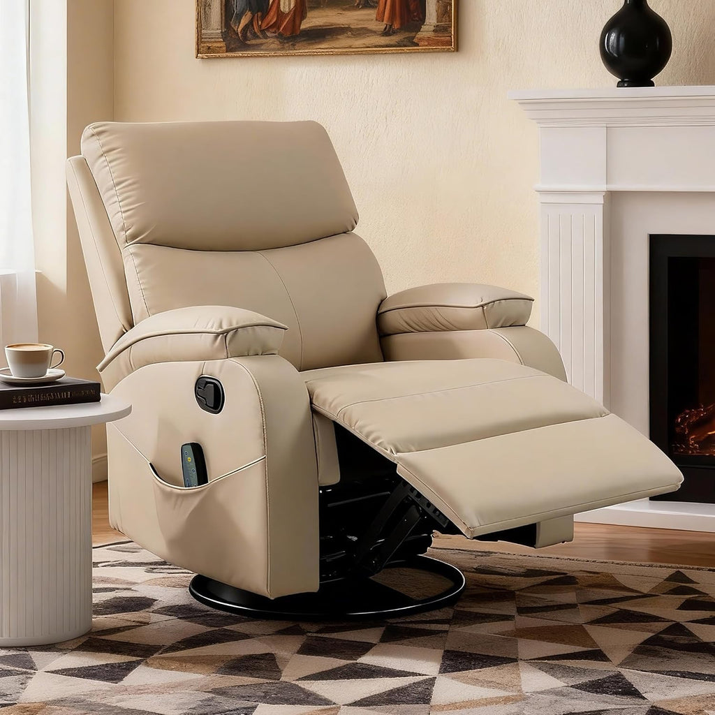 360° Swivel Rocking Recliner Chair, Massage Lazy Boy Recliner, Small Spaces Recliner for Living Room, Bedroom and Nursery, Beige Leather