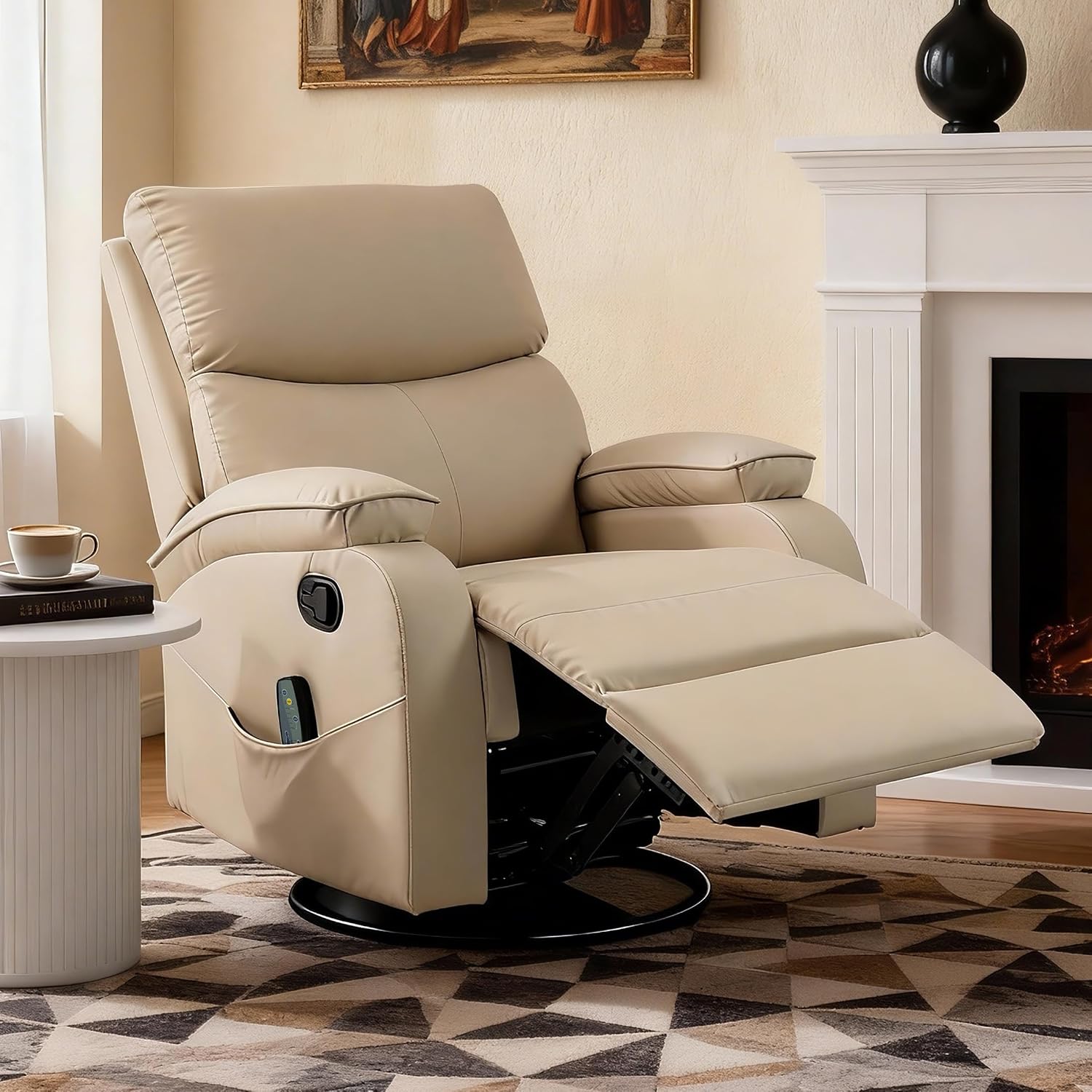 360° Swivel Rocking Recliner Chair, Massage Lazy Boy Recliner, Small Spaces Recliner for Living Room, Bedroom and Nursery, Beige Leather