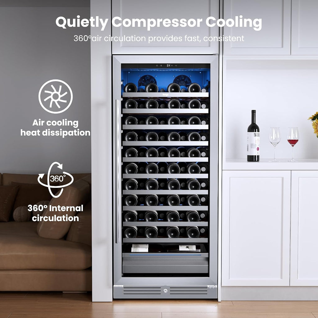 Yeego 24 Inch Wine Fridge – 40°F-65°F Wine Cooler Refrigerator, 304 Stainless Steel Glass Door Lock, Temperature Memory Blue & White LED Built-in Wine Fridge with Adjustable Shelves (89 Bottle)