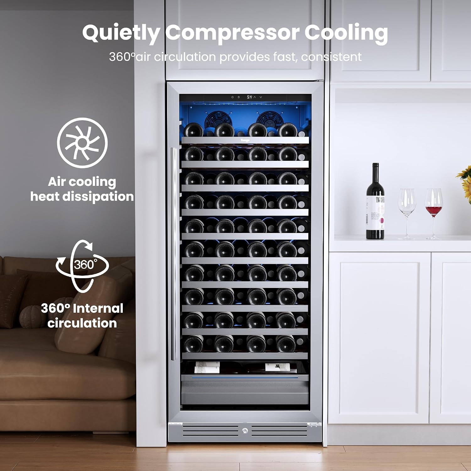 Yeego 24 Inch Wine Fridge – 40°F-65°F Wine Cooler Refrigerator, 304 Stainless Steel Glass Door Lock, Temperature Memory Blue & White LED Built-in Wine Fridge with Adjustable Shelves (89 Bottle)