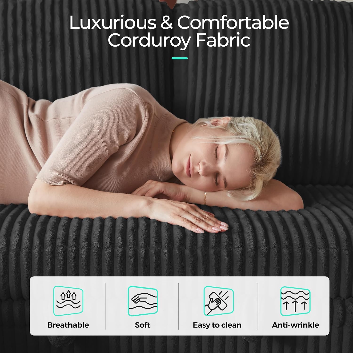LINSY HOME Sectional Sleeper Sofa Pull Out Couches for Living Room (Black, Sleeper Sofa 2) | Pull Out Sofa Bed, Storage, USB Charging, Cup Holders, Plush Corduroy | Pull Out Sofa Bed, Storage, USB Charging, Cup Holders, Plush Corduroy