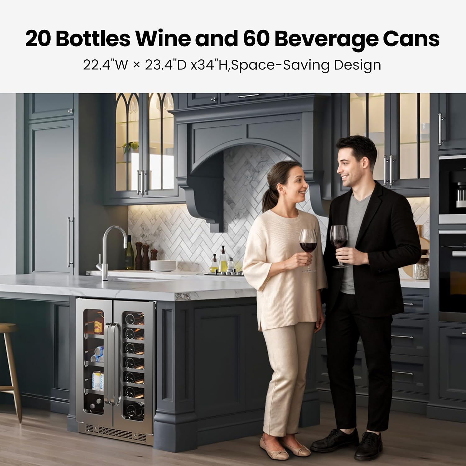 24 Inch Wine and Beverage Refrigerator 20 Bottles & 60 Cans Dual Zone Wine Fridge 36-72 ℉, 3 LED Wine Cooler Refrigerator Undercounter or Freestanding for Home Bar Office(4.10 cu.ft)