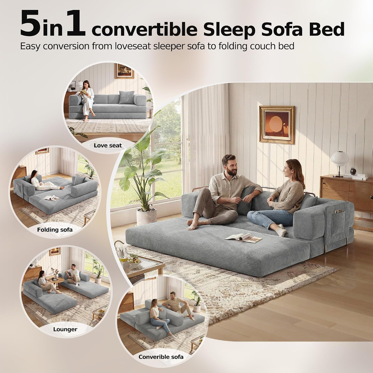 MoonSpeak 78.8''Sleeper Couch Bed for Livingroom,Convertible Modular Sofa with Armrest Pillow,Modular Foldable Corduroy Couches in a Box,No Assembly (Gray)
