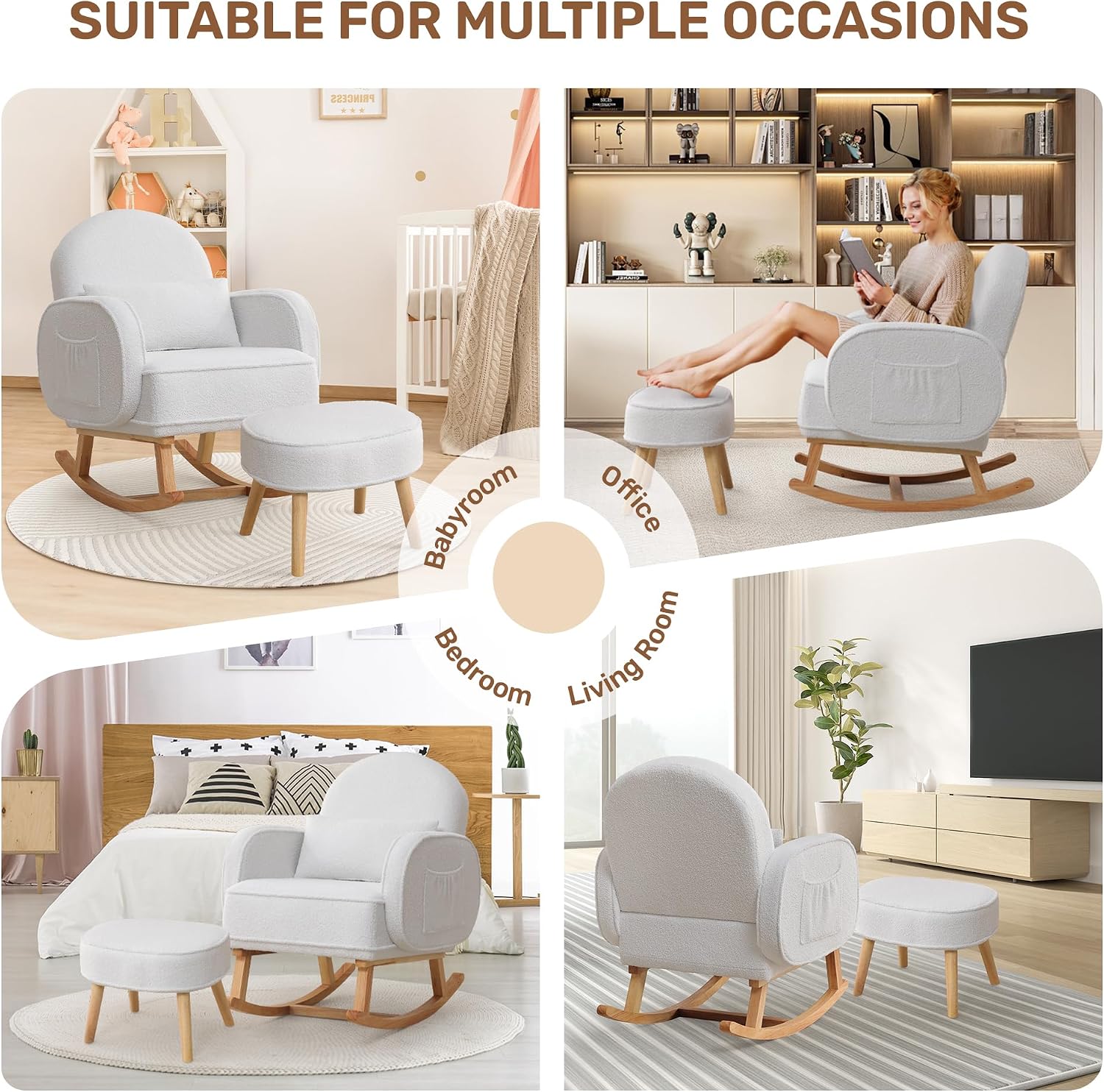 HCHAIRH Rocking Chair Nursery with Ottoman Footrest, Upholstered Glider Rocker with High Backrest and Side Pocket, Rocking Accent Armchair with Solid Wood Legs for Nursery, Living Room, Bedroom White