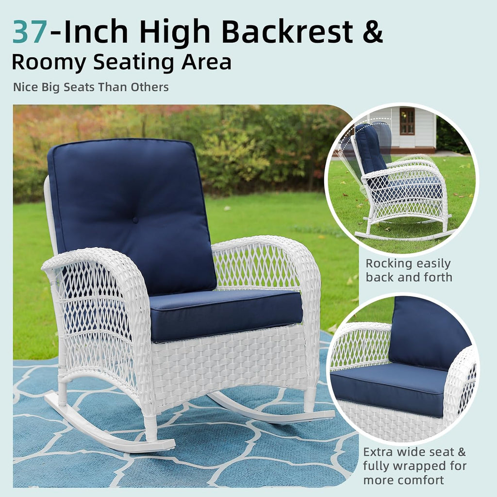 MEETWARM Outdoor Wicker Rocking Chair, Rattan Patio Rocker Chairs with Cushions and High Back, All-Weather Patio Wicker Chair with Safe Rocking Design for Garden Backyard Porch, White/Navy