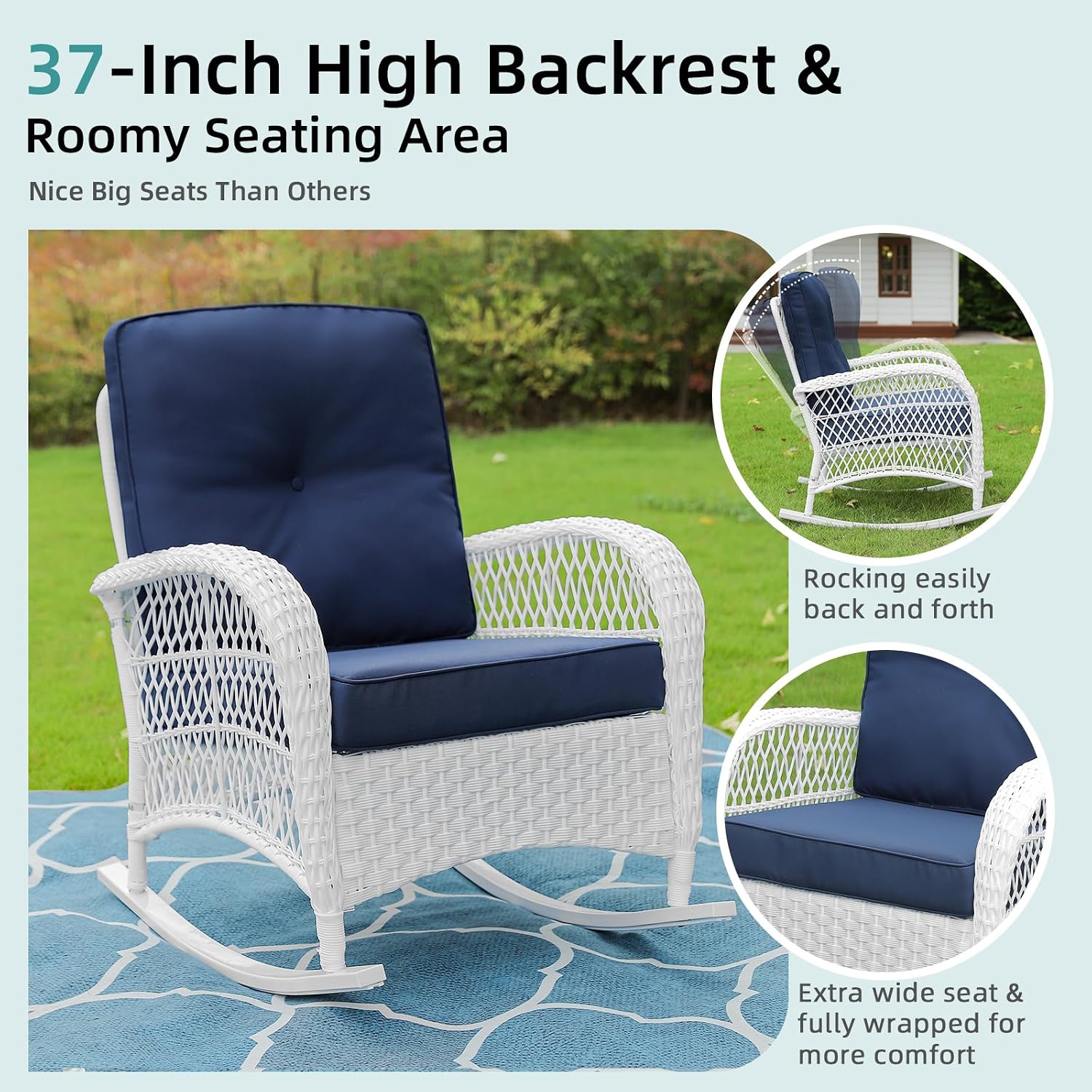 MEETWARM Outdoor Wicker Rocking Chairs Set of 2, Rattan Patio Rocker Chairs with Thick Cushions and High Back, All-Weather Patio Wicker Chair with Safe Rocking Design for Garden, White/Navy