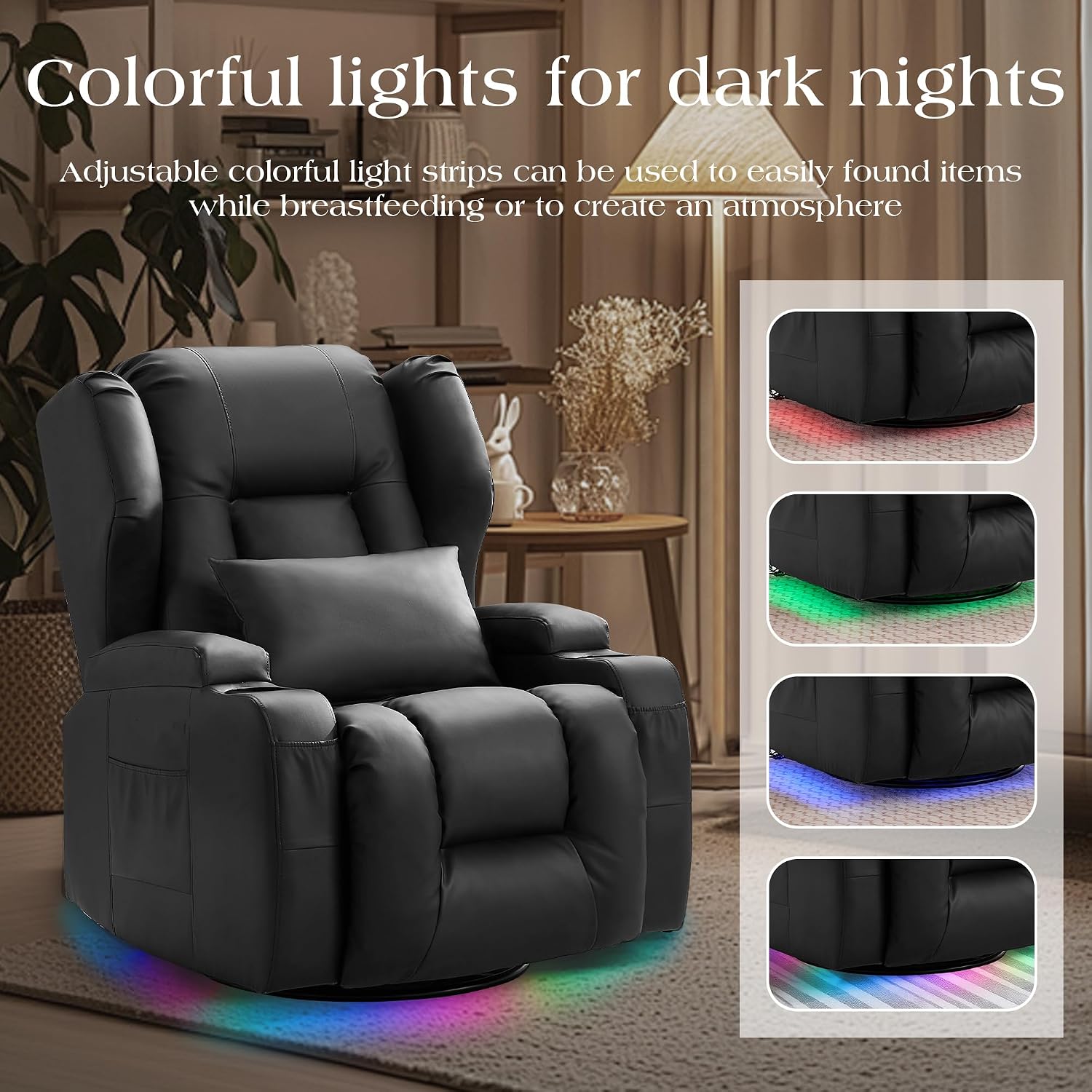 TUNYI Power Recliner Chair - Faux Leather Home Theater Seating Glider Reclining Sofa with Massage & Heat Swivel Rocker Recliner Chair for Living Room with LED Light/USB Port/Lumbar Pillow (Black)