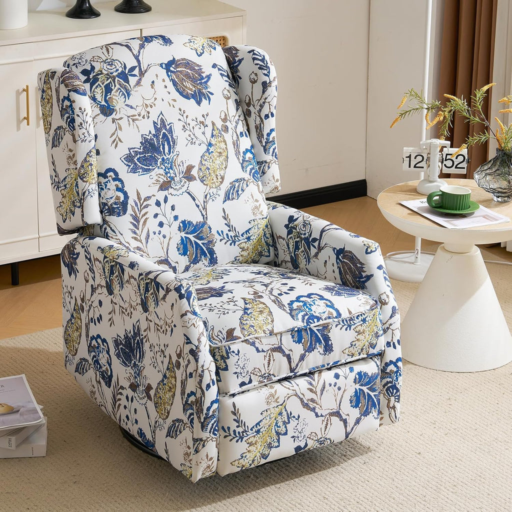Swivel Rocker Recliner,Wingback Recliner Chair,Floral Accent Chair Fabric Chair with High Back,Padded Seat for Living Room,Bedroom, Home Office (Blue)