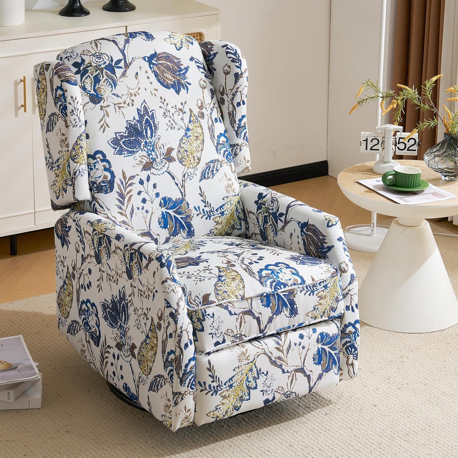 Swivel Rocker Recliner,Wingback Recliner Chair,Floral Accent Chair Fabric Chair with High Back,Padded Seat for Living Room,Bedroom, Home Office (Blue)