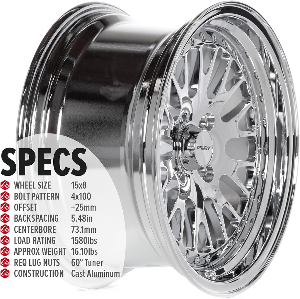 Circuit Performance CP21 15×8 Chrome Wheel 4×100 [+25mm] compatible with Honda Civic EK EG, Acura Integra, BMW E30, Mazda Miata