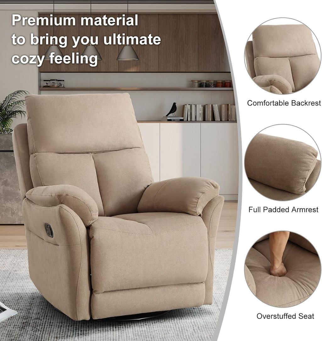 CANMOV Swivel Rocker Recliner, Manual Recliner with Overstuffed Cushion, Nursing Chairs for Living Room, Swivel Glider Recliners with Soft Backrest, Brown