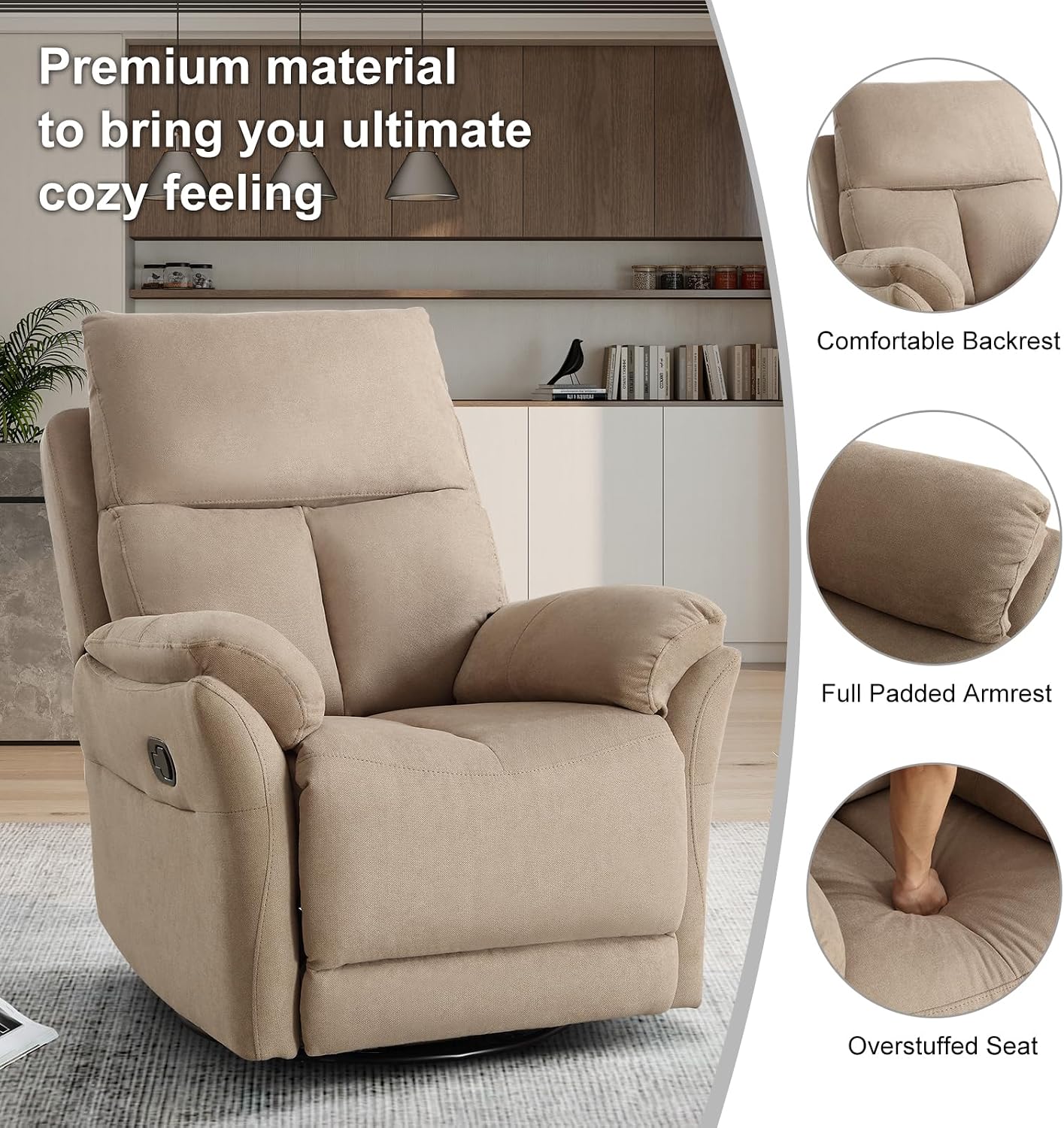 CANMOV Swivel Rocker Recliner, Manual Recliner with Overstuffed Cushion, Nursing Chairs for Living Room, Swivel Glider Recliners with Soft Backrest, Brown