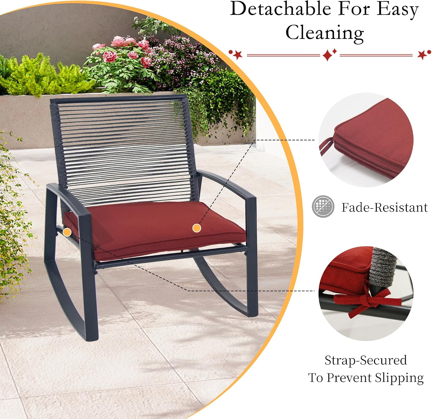 Domi Outdoor 3-Piece Wicker Rocking Chair Set, Patio Conversation Set with Removable Textilene Cushions & Metal Coffee Table, All-Weather Outside Chair Set of 3 for Balcony, Backyard, Pool, Red