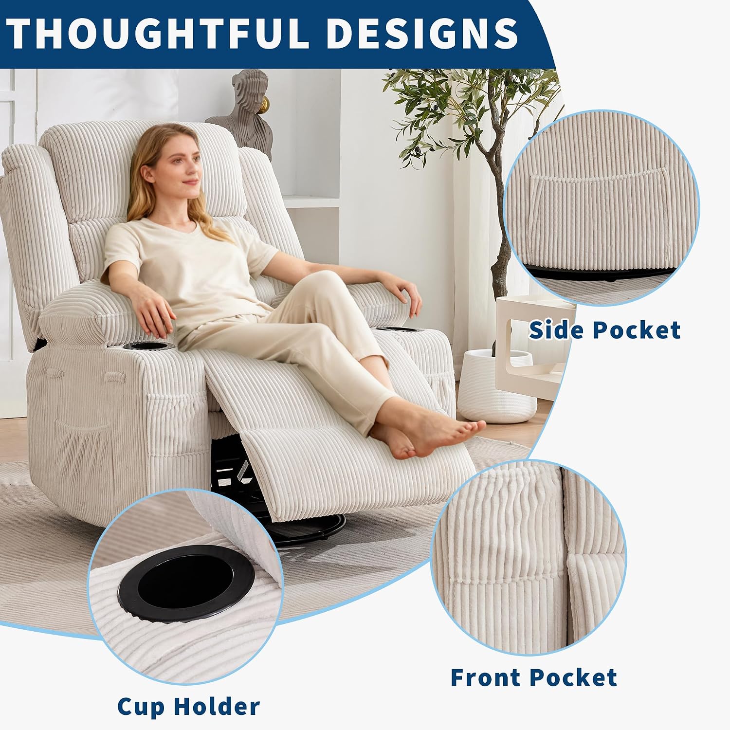 360° Swivel Rocker Recliner Chair for Adults, Rocking Manual Glider Sofa with 3 Positions, 2 Cup Holders, 4 Pockets for Nursery, Living Room, Bedroom, Office, Reading Nook