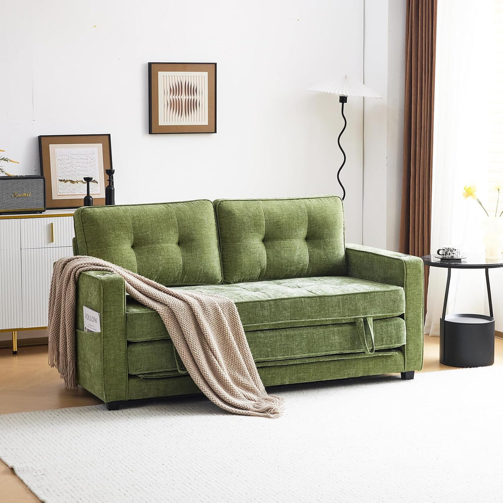 VINGLI Sofa Bed Full Size Pull Out Couch Bed Olive Green Futon Couch 64' W 84' L Loveseat Sleeper Floor Couches for Living Room Convertible Loveseat Sofa Foldable Sofa Bed