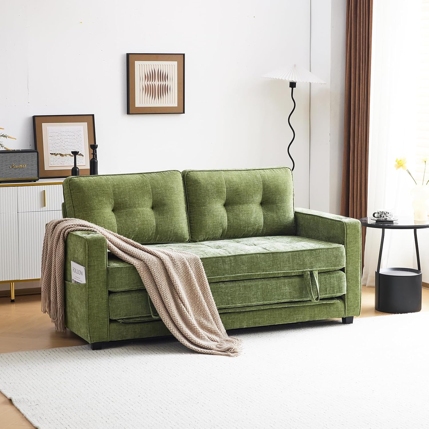VINGLI Sofa Bed Full Size Pull Out Couch Bed Olive Green Futon Couch 64' W 84' L Loveseat Sleeper Floor Couches for Living Room Convertible Loveseat Sofa Foldable Sofa Bed