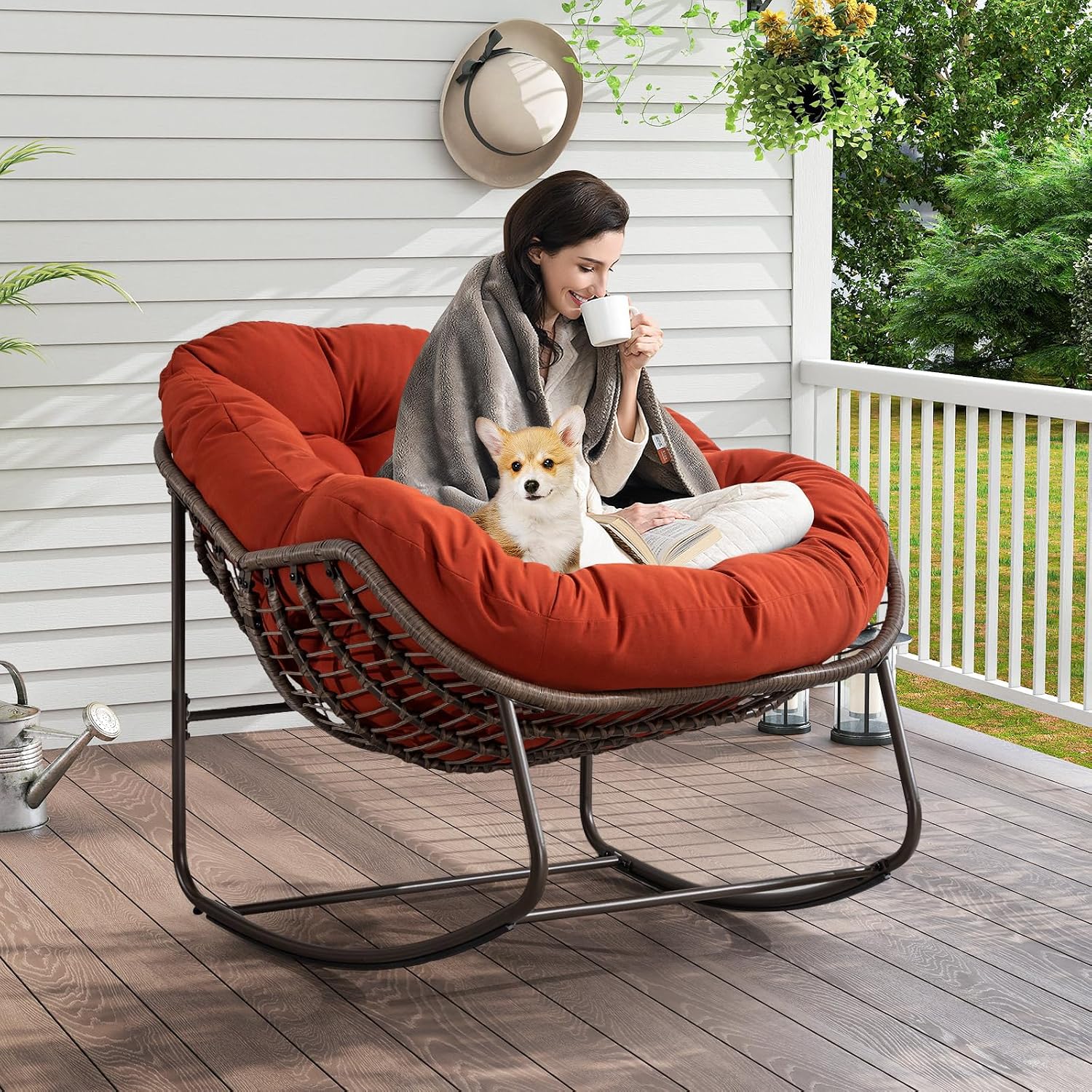 Deolme Large Papasan Rocking Chair with Cushion, Oversized Comfy Reading Chair Lounging Indoor Outdoor Rocker for Front Porch Backyard Bedroom Living Room Egg Chair Rattan (Orange)