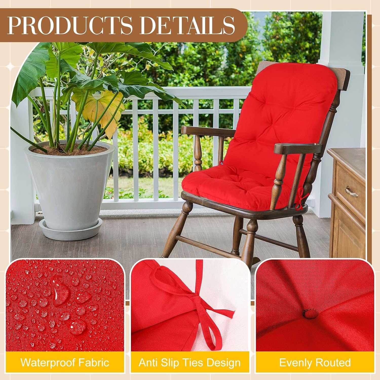 Drydiet 4 Set Outdoor High Back Chair Cushions 47 x 20 Inch Rocking Chair Cushions Waterproof Fade Resistant Comfort Replacement Seat Pads with Ties for Patio Lawn Yard Porch Home Office(Red)