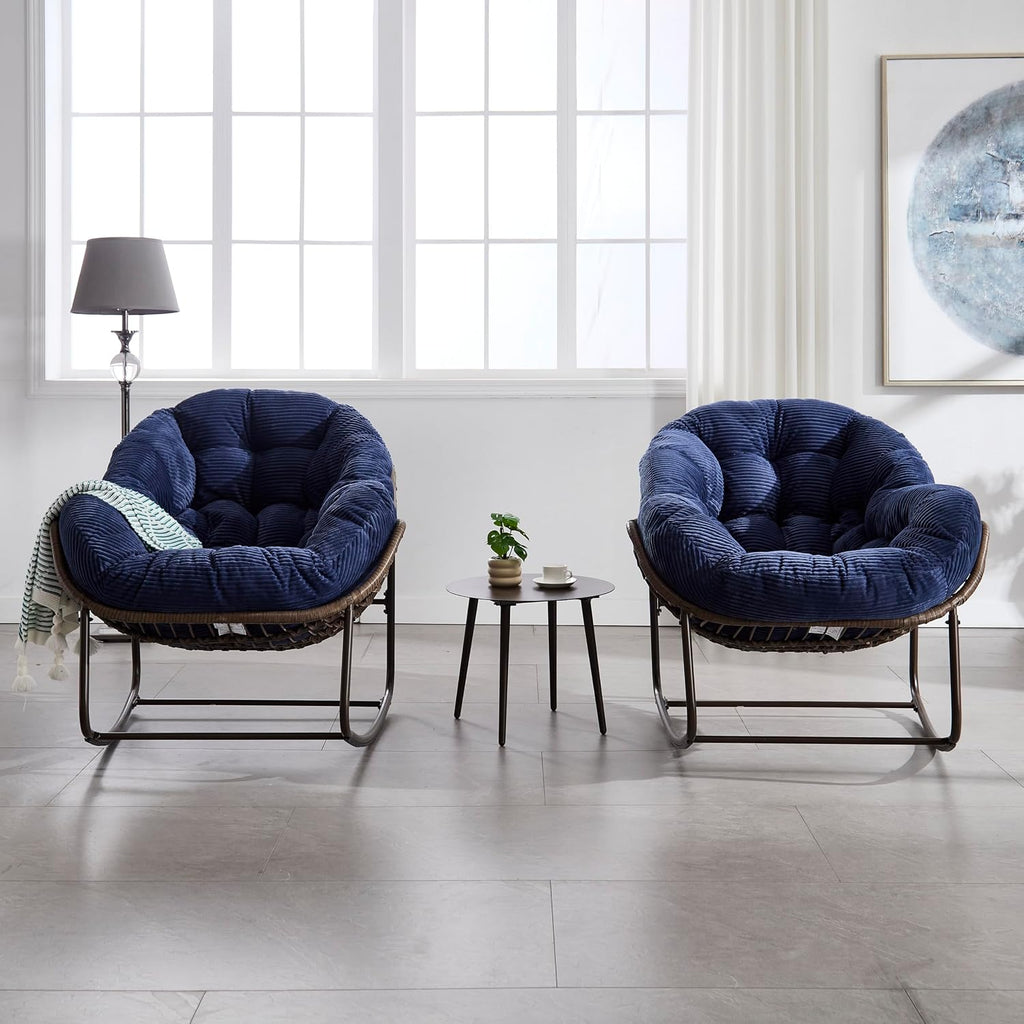 Ball & Cast Outdoor Patio Rocking Chair,Oversized Papasan Egg Chair with E-Coated,Padded Cushion,Recliner Chair for Front Porch, Garden, Patio, Backyard,Navy Blue