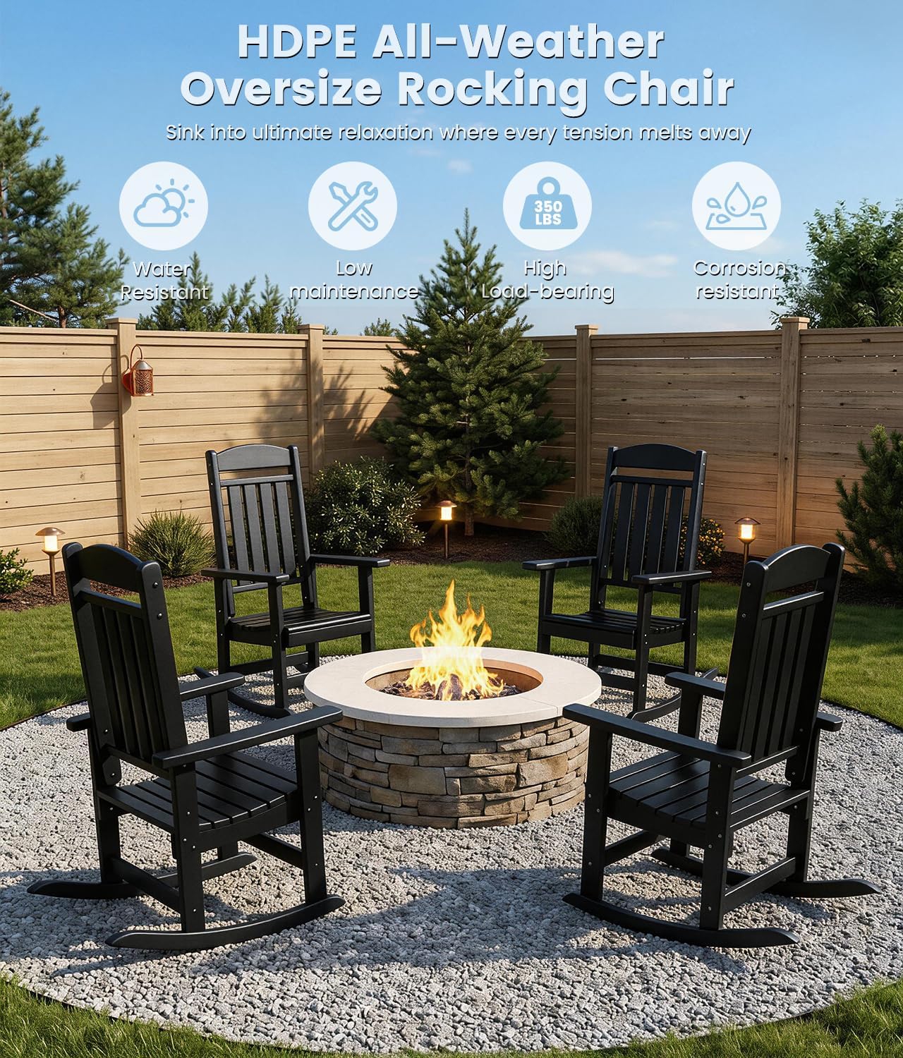FOOWIN Outdoor Rocking Chair Set of 6, High Back Patio Rocking Chair, HDPE All Weather Resistant Porch Rocker for Adult, Oversized Rocking Chairs for Garden, Lawn, Indoor & Outdoor Use, Black