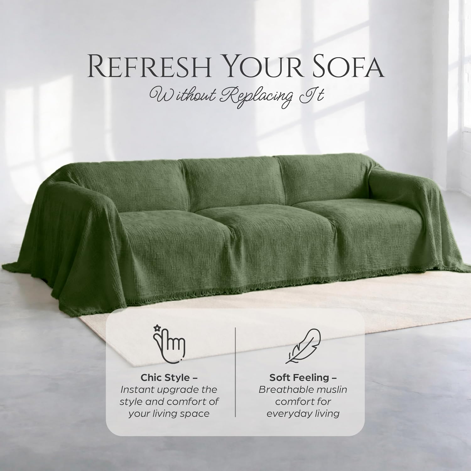 Washable Sofa Cover%100 Pure Cotton, Green Couch Covers for Loveseat, Futon, Sofa, Sectional L Shape, U Shape, 4 Layered Natural Muslin Cloud Like Boho Couch Cover (Green, 70x118/177x300cm)