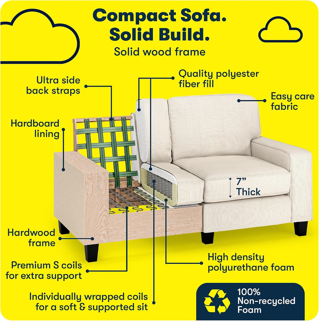 Serta Palisades 61' Track Arm Sofa, Easy Care Polyester, Soft Pillow Back, Pocket Coil Seat Cushions, Removable Covers, Loveseat or Couch for Small Spaces, Living Rooms or Bedrooms, Buckwheat Beige