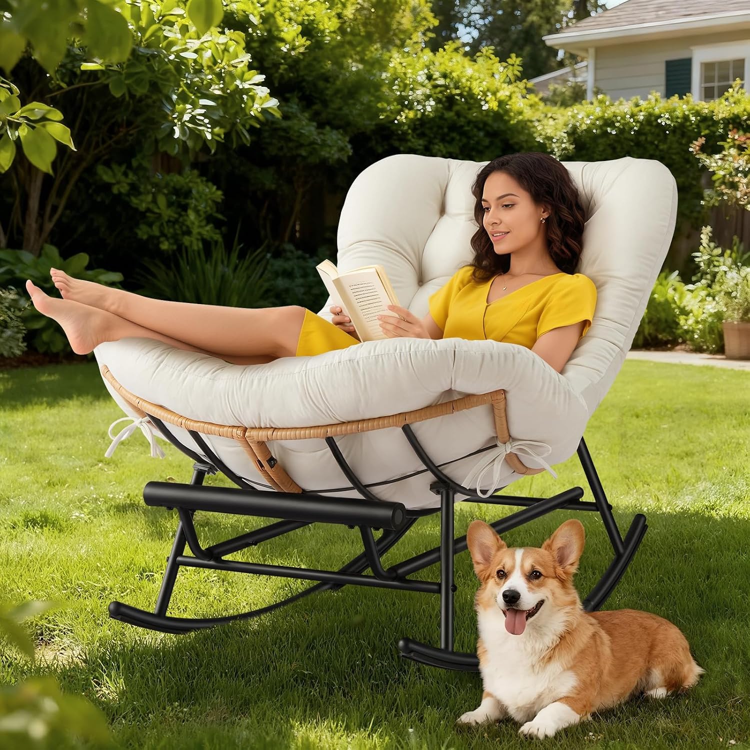Takywep Rocking Chair - Oversized Outdoor Rocking Chairs with Footrest, Indoor Papasan Rocker Egg Chair for Bedroom, Living Room, Porch, Garden, Lawn (Beige-Flannel)