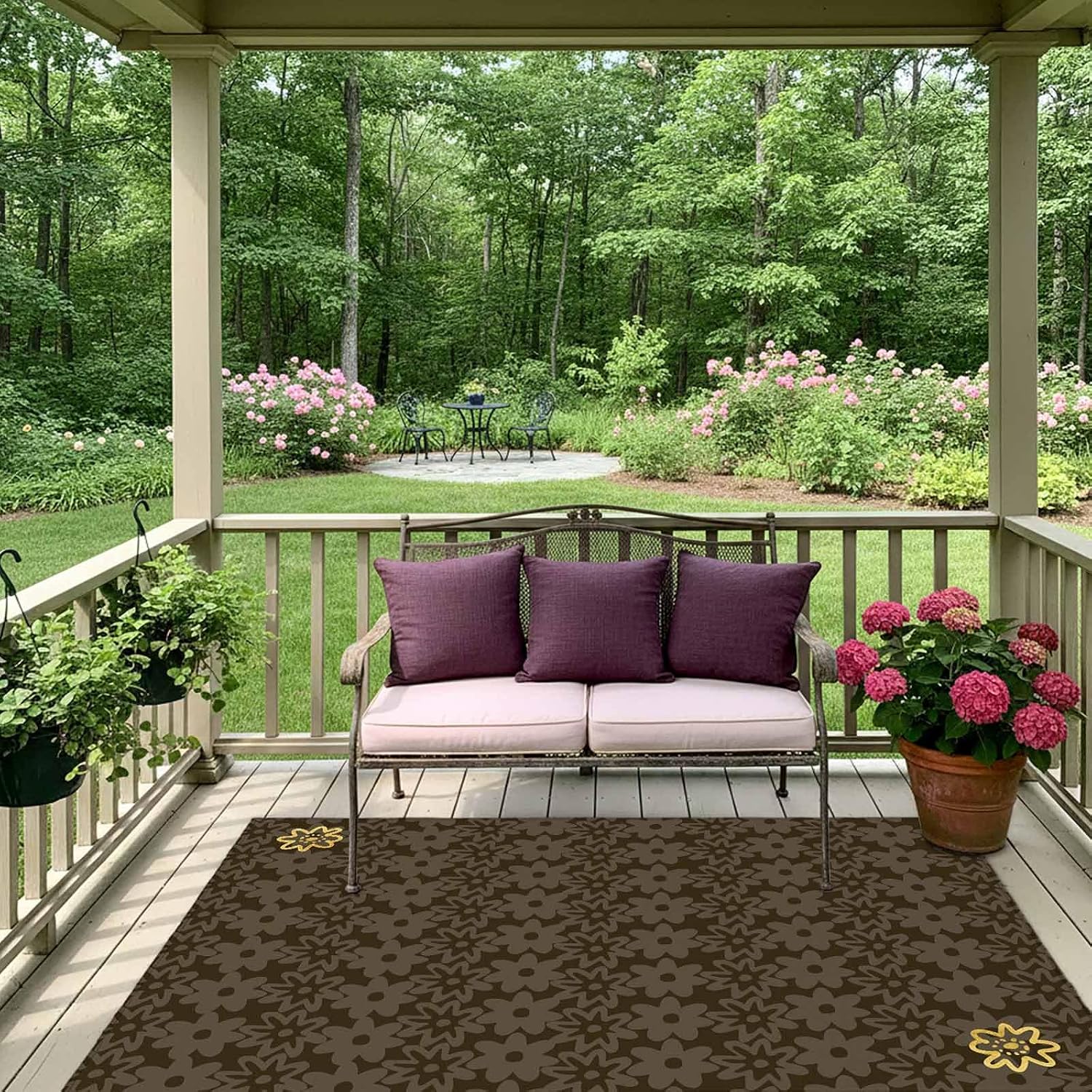 Brown Golden Floral Outdoor Rug for Patio/Deck/Porch, Non-Slip Large Area Rug 5 x 7 Ft, Modern Abstract Art Spring Flowers Indoor Outdoor Rugs Washable Area Rugs, Reversible Camping Rug Carpet Runner