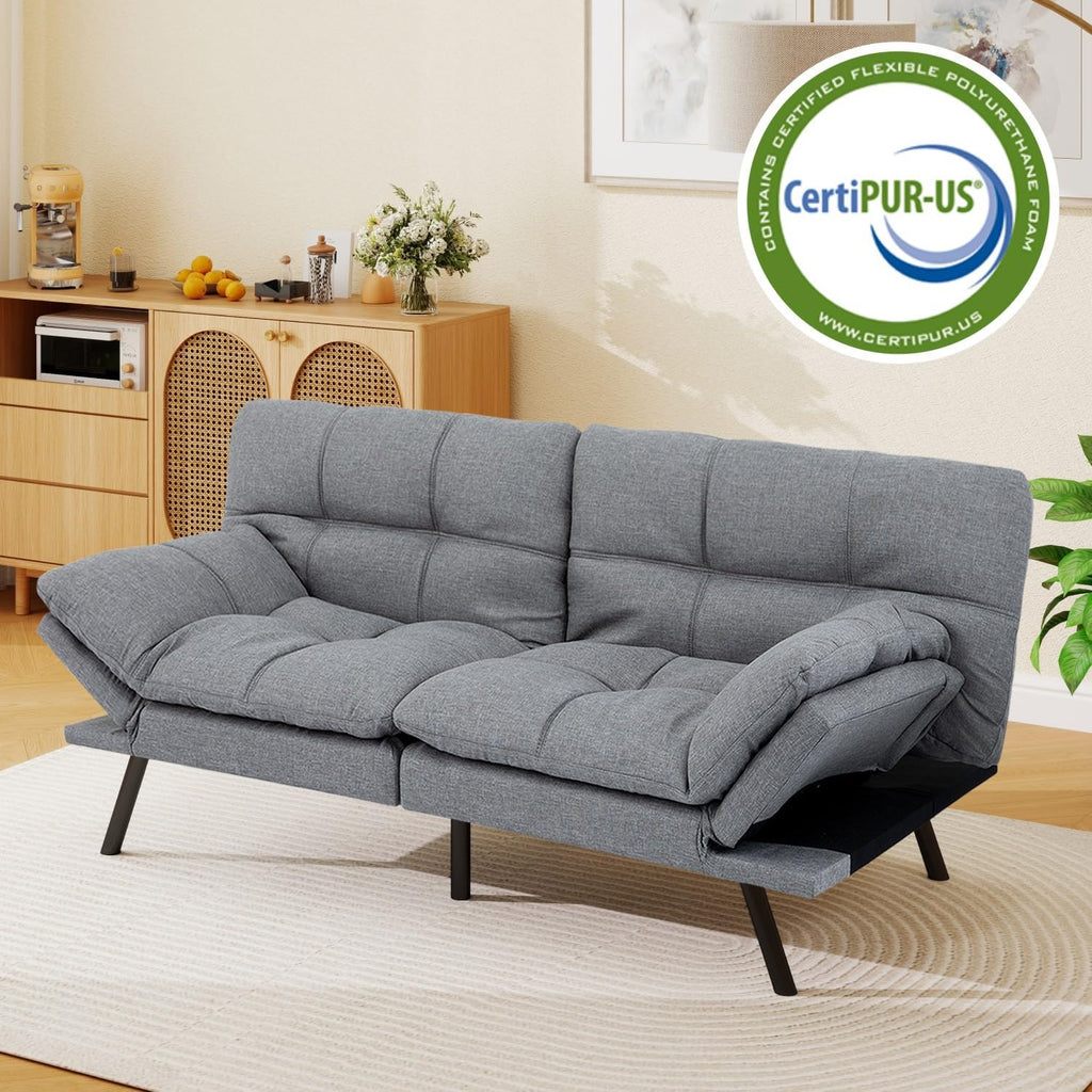 MUUEGM 71-Inch Futon Sofa Bed, Convertible Loveseat Sleeper | Airy Light Gray Linen | Adjustable Couch for Modern, Minimalist Spaces