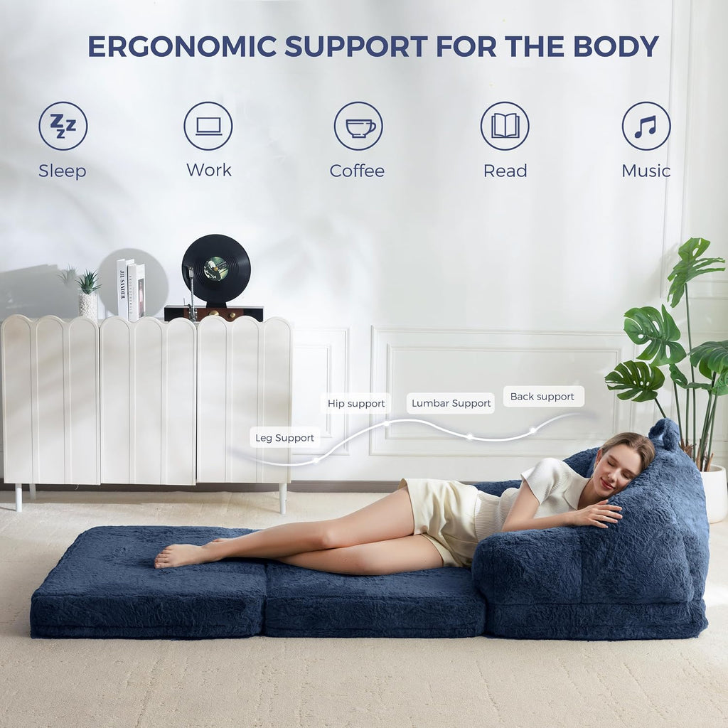 MAXYOYO Folding Sofa Bed, 2 in 1 Convertible Sofa to Lounger Comfy Single Bean Bag Chair for Adults, Floor Sleeper Couch with Handle, Faux Fur Couch Bed for Living Room Bedroom, Navy