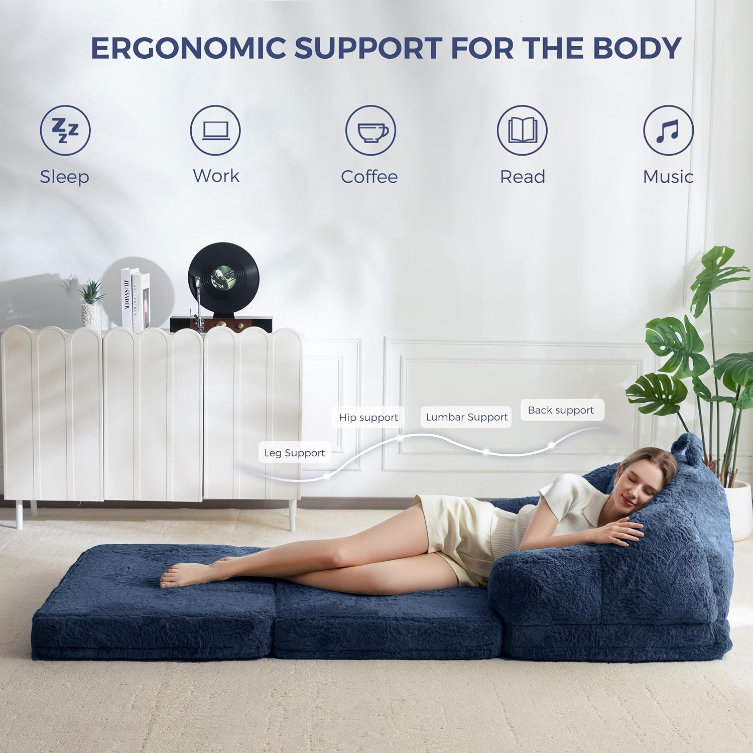 MAXYOYO Folding Sofa Bed, 2 in 1 Convertible Sofa to Lounger Comfy Single Bean Bag Chair for Adults, Floor Sleeper Couch with Handle, Faux Fur Couch Bed for Living Room Bedroom, Navy