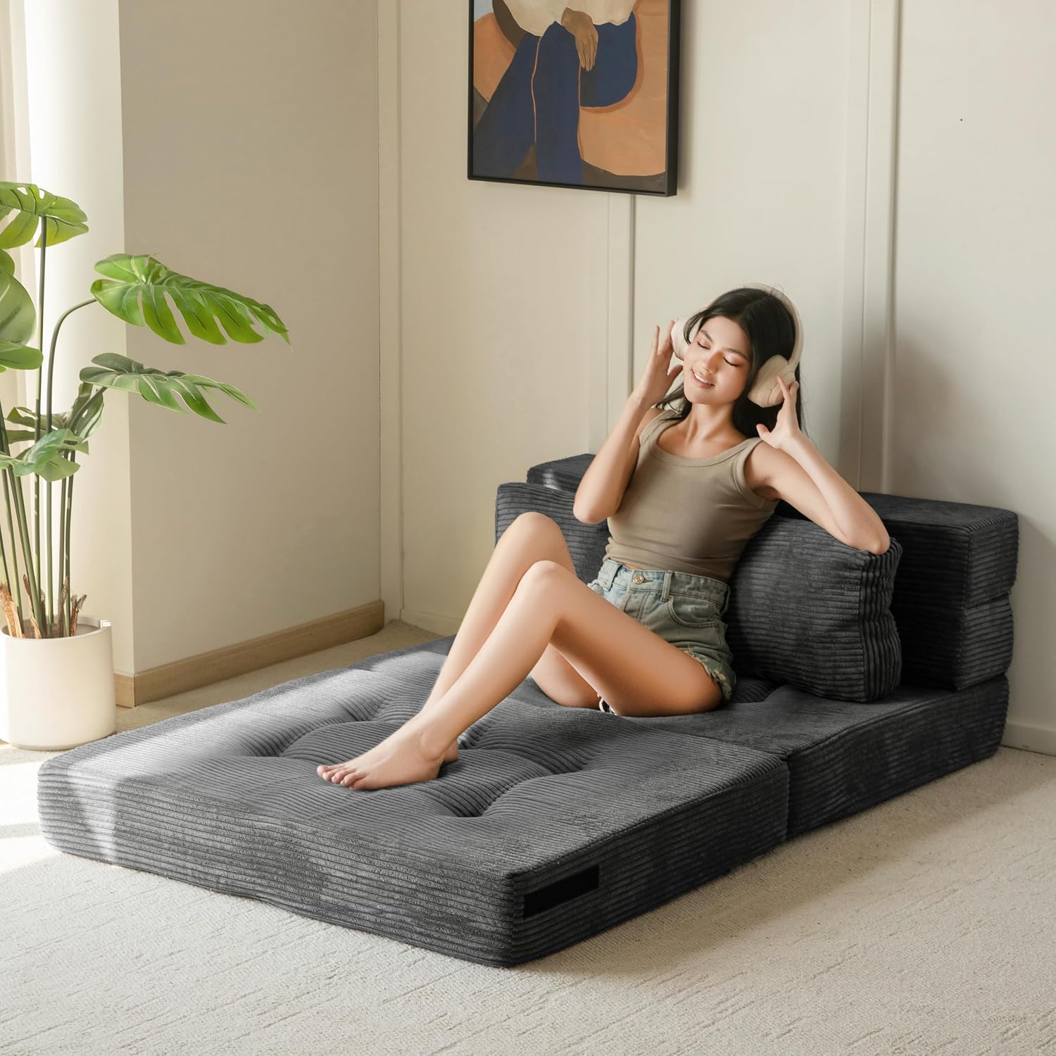 MAXYOYO Convertible Sofa Bed, Fold Out Sleeper Sofa with Pillow, 4 in 1 Tufted Folding Couch Bed Foam Floor Couch, Lazy Chair for Living Room Bedroom Guest Room, Dark Grey