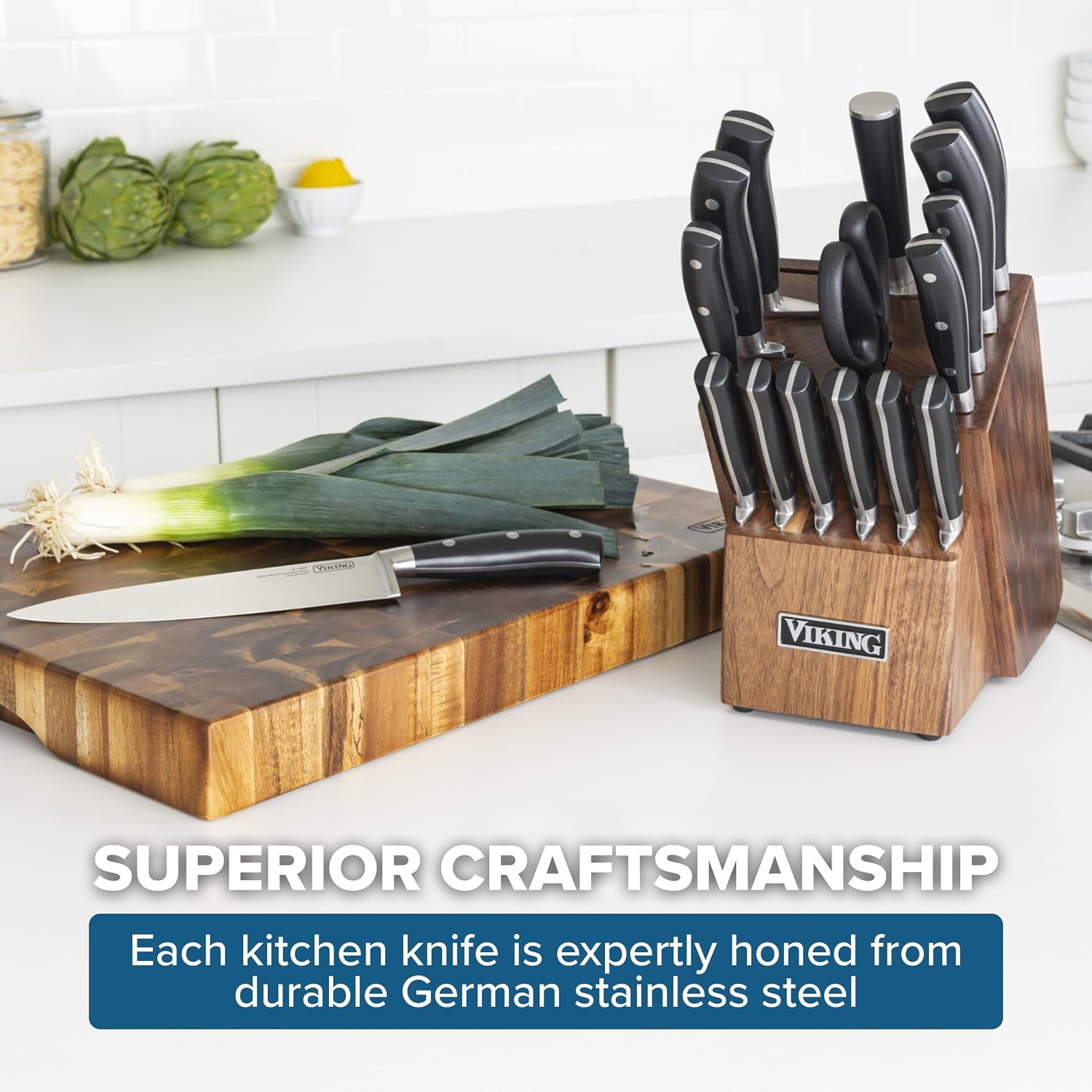 Viking 17 Piece Kitchen Knife Set with Light Walnut Block, Cutlery Set with Stainless Steel Blades and Ergonomic Handles, Dishwasher Safe
