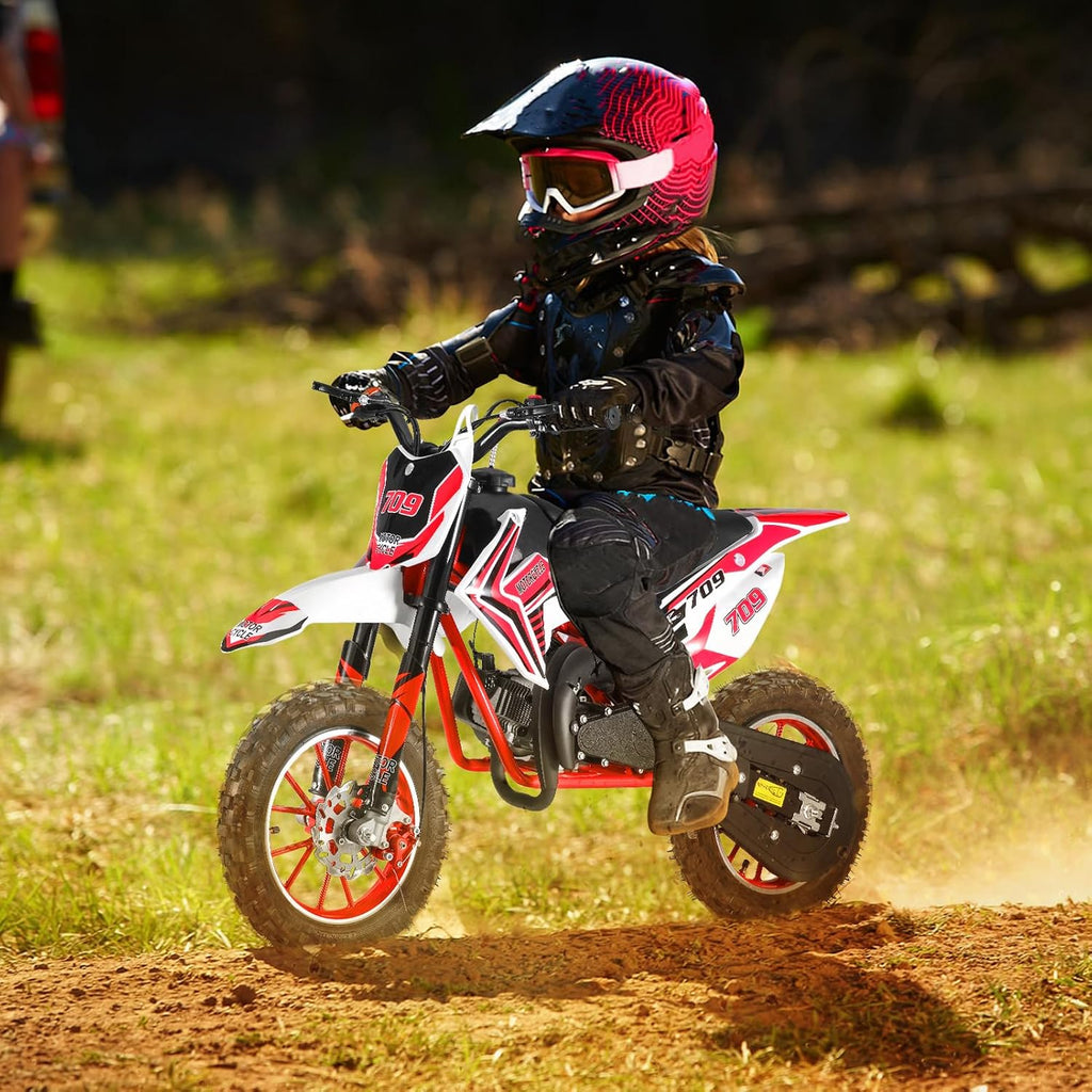 49cc 2-Stroke Kids Dirt Bike, Gas Power Motocross, Off Road Mini Motorcycle, Pocket Motorbike with Front Rear Disc Brakes, Racing Max Speed 30KM/H (Red)