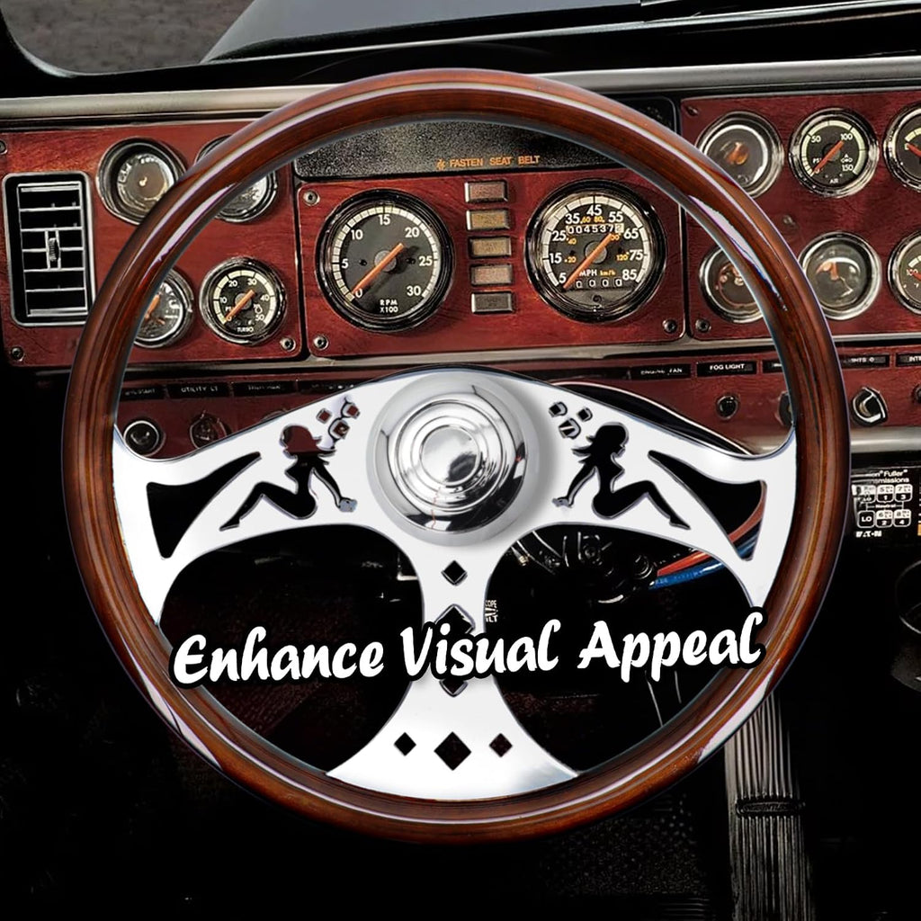 Sorghum 18' Solid Wood Steering Wheel - 3 Spokes Aluminum Chrome Classic Steering Wheel with Horn Button for Trucks Compatible with Mack Kenworth Peterbilt Volvo Freightliner-Girl Pattern