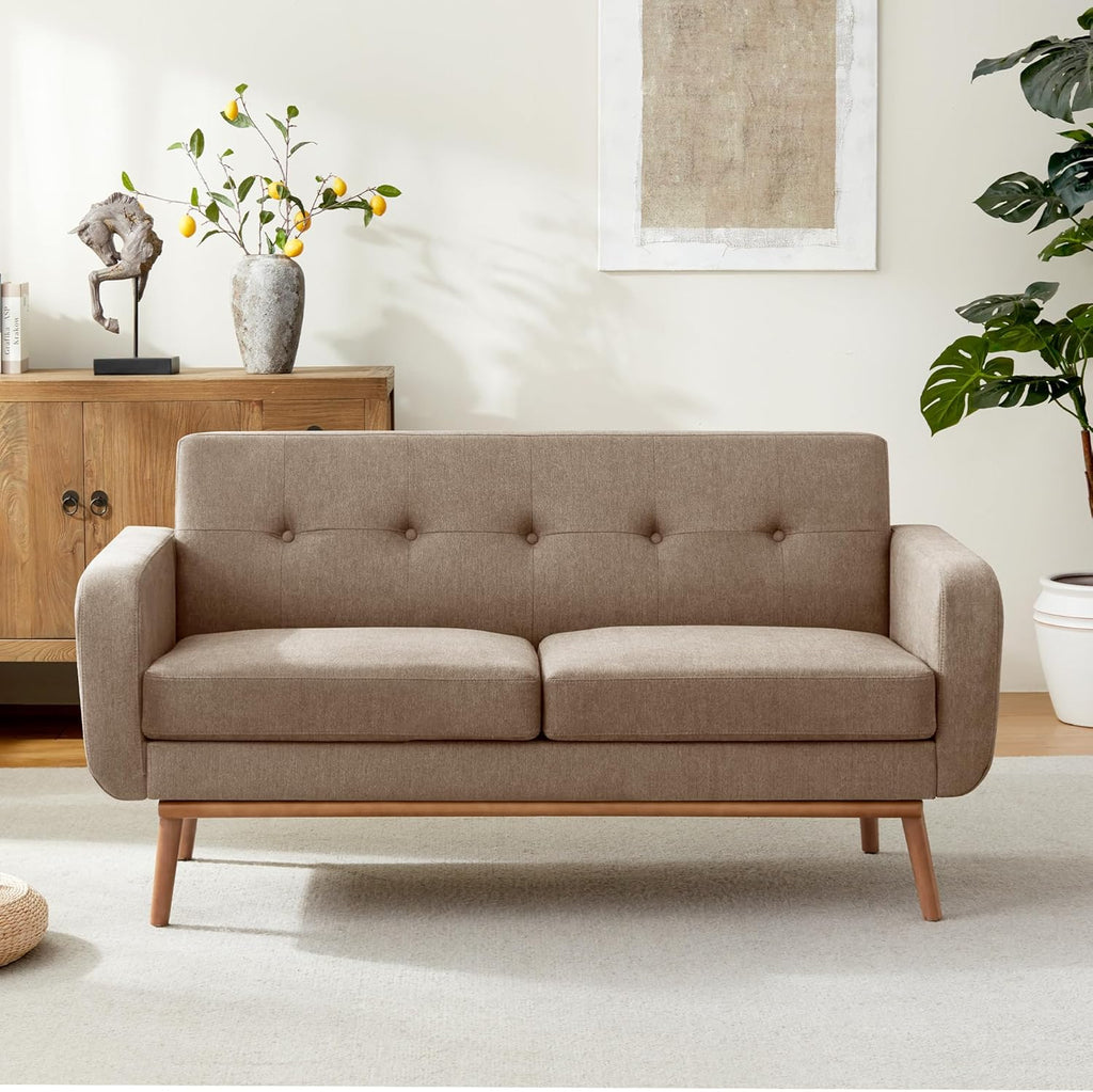 HUIMO Sofa Couch, Mid Century Modern Sofa with Solid Wood Frame, Button Tufted Couch for Bedroom, Living Room, Office, Apartment (Brown, 60 inch)