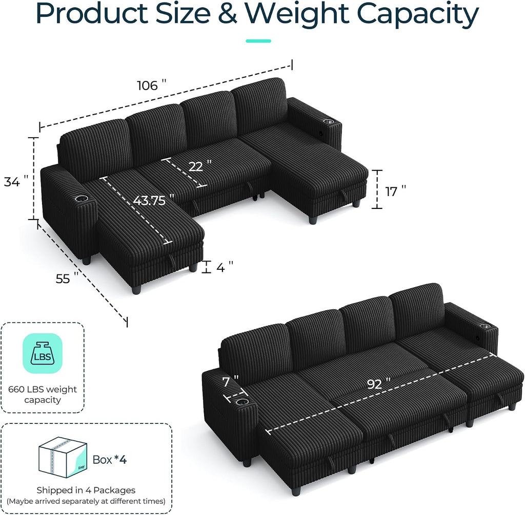 LINSY HOME Sectional Sleeper Sofa Pull Out Couches for Living Room (Black, Sleeper Sofa 3) | Pull Out Sofa Bed, Storage, USB Charging, Cup Holders, Plush Corduroy | Pull Out Sofa Bed, Storage, USB Charging, Cup Holders, Plush Corduroy