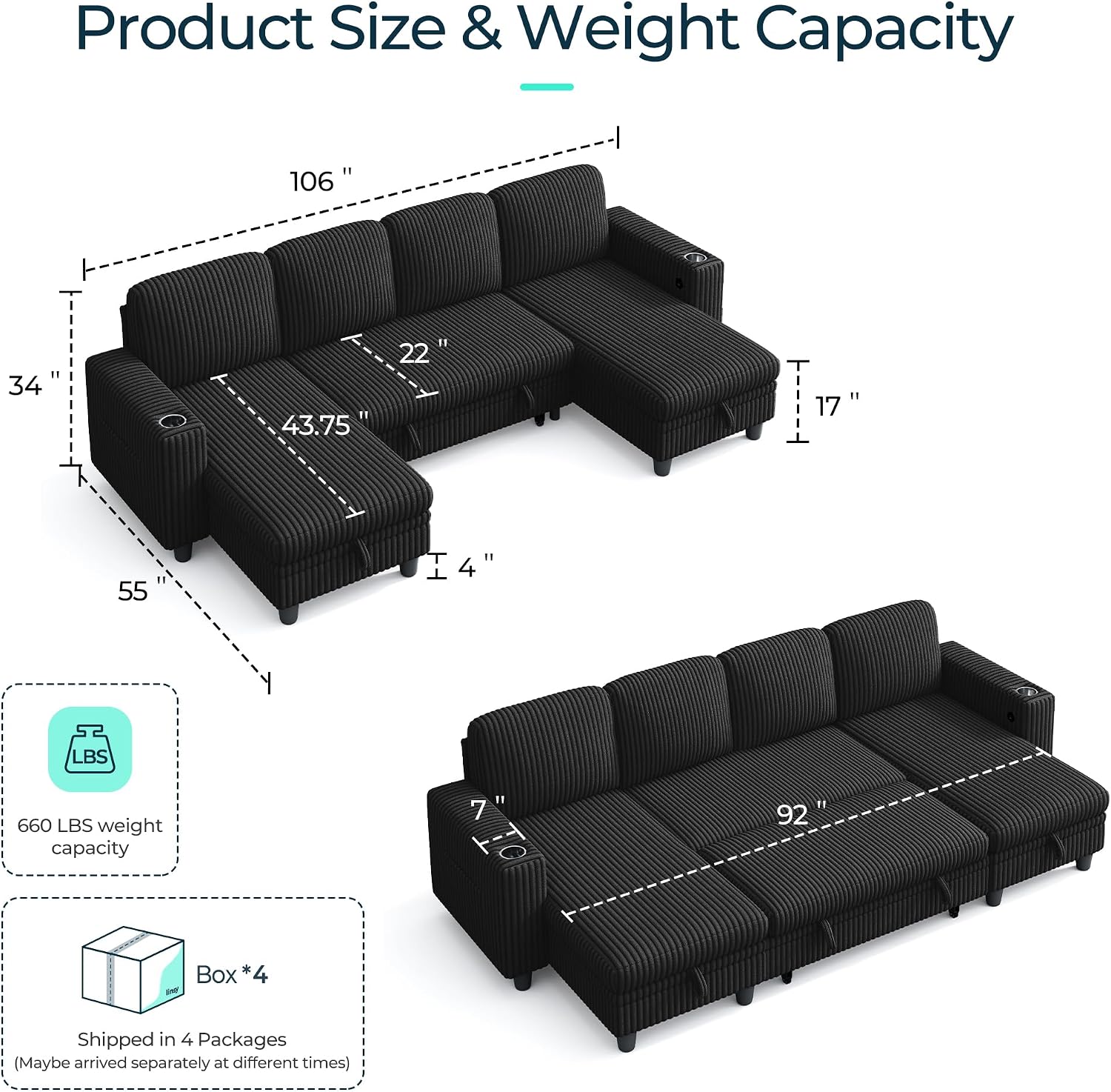 LINSY HOME Sectional Sleeper Sofa Pull Out Couches for Living Room (Black, Sleeper Sofa 3) | Pull Out Sofa Bed, Storage, USB Charging, Cup Holders, Plush Corduroy | Pull Out Sofa Bed, Storage, USB Charging, Cup Holders, Plush Corduroy