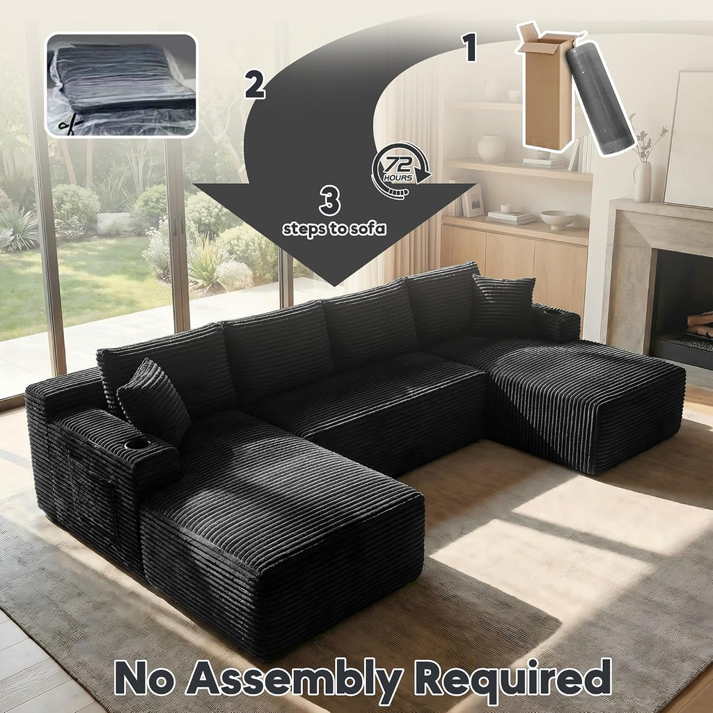 125' Oversized Cloud Boneless Couch with Chaise, Modern Modular Sofa with Deep Seat, Corduroy Upholstered U Shaped Couch for Living Room, No Assembly Required (Black)