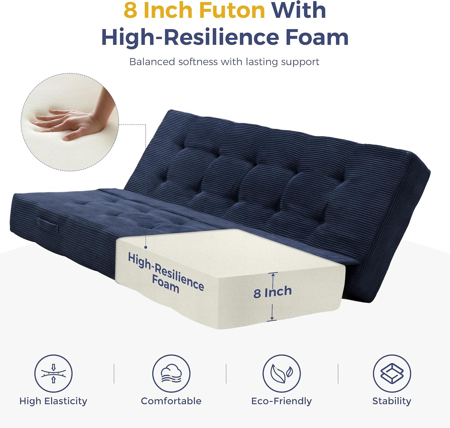 MAXYOYO 8' Foldable Floor Sofa Bed, Tufted Foldable Couch Bed Thick Folding Mattress with Handles, Versatile Folding Sofa Couch for Floor Sleeping, Living Room & Guest Room, Navy