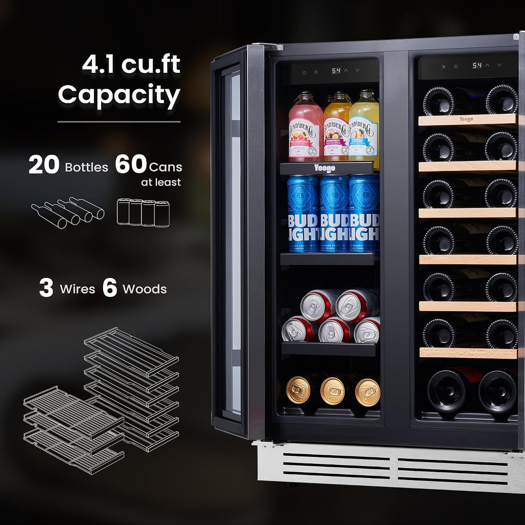 Yeego Wine and Beverage Refrigerator 24', Dual Zone Beverage Cooler Wine Fridge with Upgrade Quiet Cooling, Anti-UV Glass Door, 20 Bottles & 60 Cans Large Capacity, Built-in/Freestanding/Undercounter