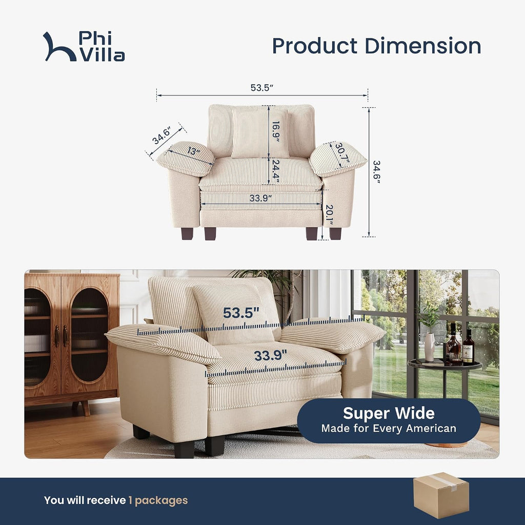 PHI VILLA Cloud Oversized Sectional Sofas, Single Sofa with Deep Seat for Living Room Reading Nook, Chenille Corduroy Dual Fabric, Beige