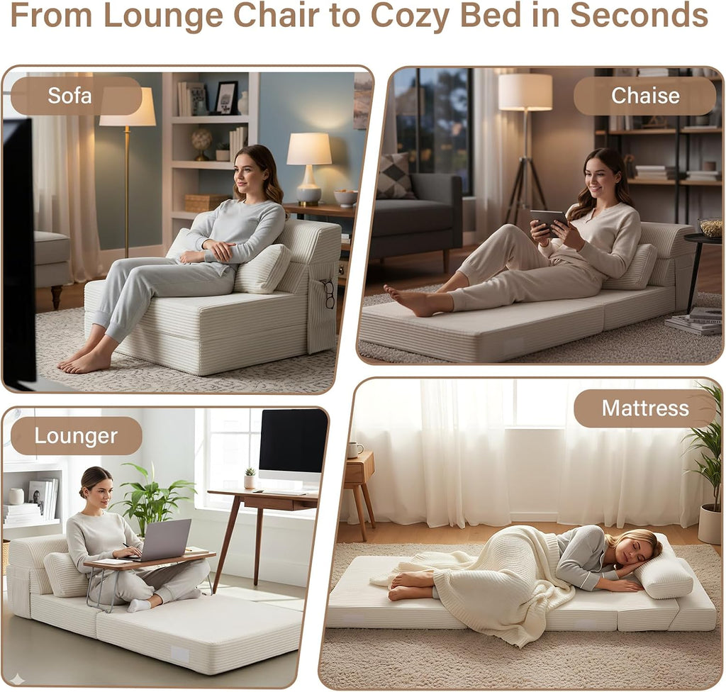 Folding Sofa Bed with Pillow, Convertible Sleeper Chair, Comfy Floor Futon Couch Mattress Lounge Sofa for Adults Portable Fold Out Chair Bed for Living Room Bedroom, Single, Beige