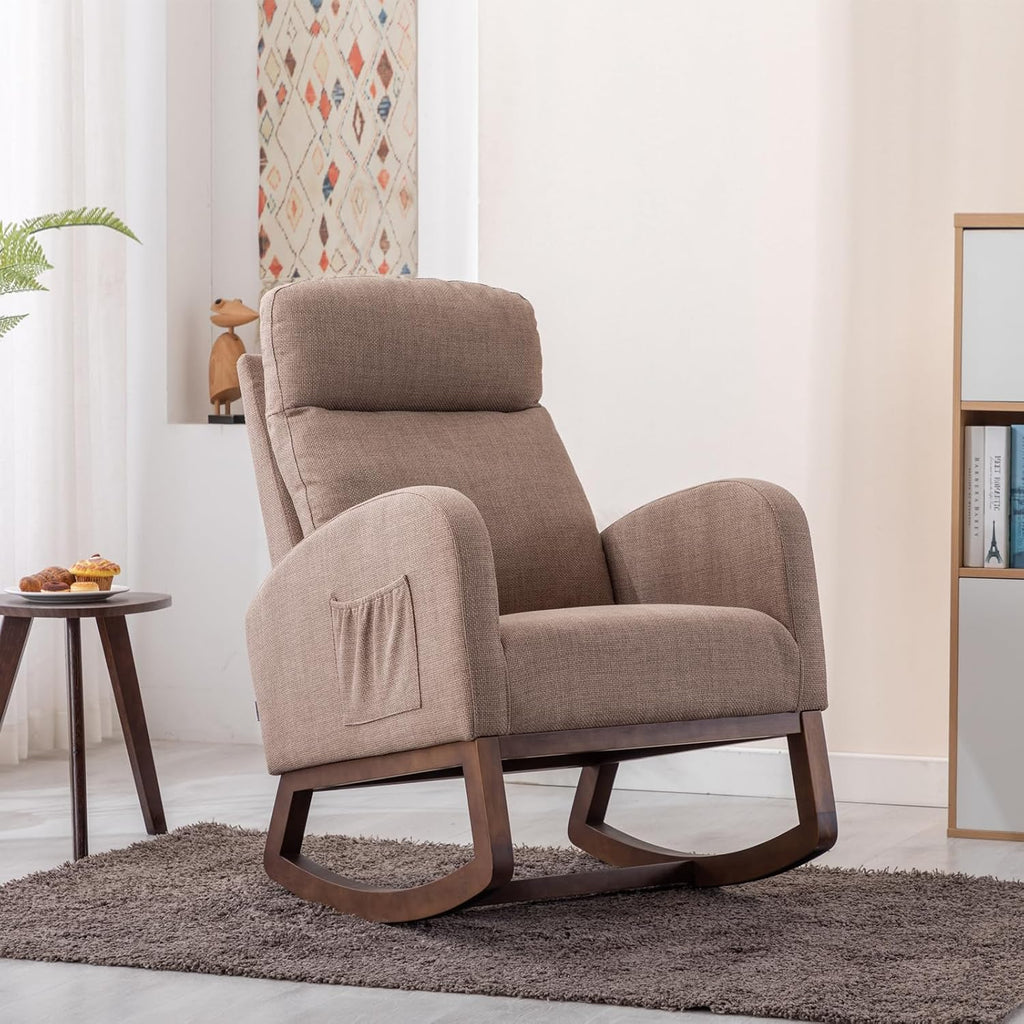 Upholstered Rocking Chair for Nursery, Accent Glider Rocker with Side Pocket, Comfy Armchair with Tall Backrest and Double Layer Cushion, Baby Nursery Glider for Living Room, Bedroom (Camel Brown)